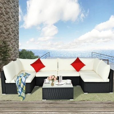 Costway 7PCS Patio Rattan Sofa Set Sectional Conversation Furniture Set Garden 4 Costway 7PCS Patio Rattan Sofa Set Sectional Conversation Furniture Set Garden - Image 4