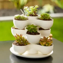 The HC Companies 8 Inch Round Stacking Decorative Indoor Pixie Succulent Flower Planter Pot With 3 Planting Levels, Vanilla Bisque