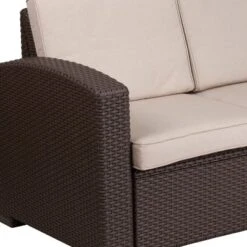 Merrick Lane Outdoor Furniture Resin Loveseat Chocolate Brown Faux Rattan Wicker Pattern 2-Seat Loveseat With All-Weather Beige Cushions -Outdoor Garden Store GUEST f19d1f70 9451 44d7 8dc9 94b4250c7f6b