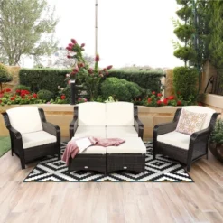 Costway 5PCS Patio Rattan Furniture Set Loveseat Sofa Ottoman W/RedWhite Cushion -Outdoor Garden Store GUEST f7fa00b1 5136 440d a562 4f04dc53f358
