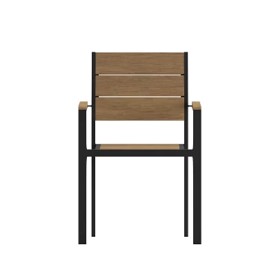 Emma And Oliver Outdoor Stacking Side Chair With Faux Teak Poly Slat Seat, Back And Arms And Metal Frame 10 Emma And Oliver Outdoor Stacking Side Chair With Faux Teak Poly Slat Seat, Back And Arms And Metal Frame - Image 10