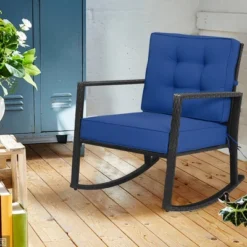Costway Patio Rattan Rocker Chair Outdoor Glider Rocking Chair Cushion Lawn NavyBlackGrey -Outdoor Garden Store GUEST fb9cffef 98e2 459e 8ba2 ff067fd9c4eb